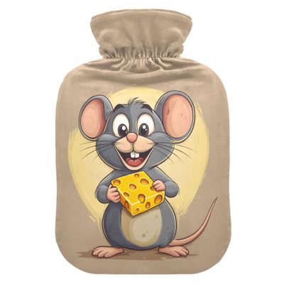 2 L Hot Water Bottle Cartoon Mouse Holding Cheese Hot Water Bottle with Cover Soft Velvet Hot Water Bag for Pain Relief Hot Water Bottle for Winter Bed for Hands