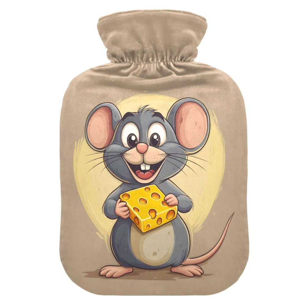 2 L Hot Water Bottle Cartoon Mouse Holding Cheese Hot Water Bottle with Cover Soft Velvet Hot Water Bag for Pain Relief Hot Water Bottle for Winter Bed for Hands