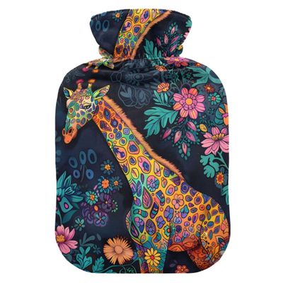 1 L Hot Water Bottle Giraffe Flowers Hot Water Bottle with Cover Soft Velvet Hot Water Bag for Pain Relief Small Hot Water Bottle for Kids Adult