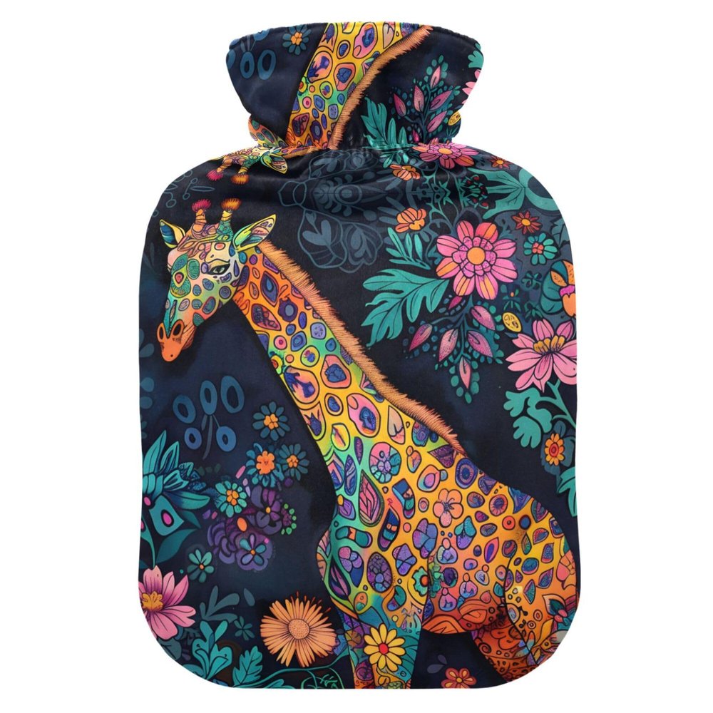 1 L Hot Water Bottle Giraffe Flowers Hot Water Bottle with Cover Soft Velvet Hot Water Bag for Pain Relief Small Hot Water Bottle for Kids Adult