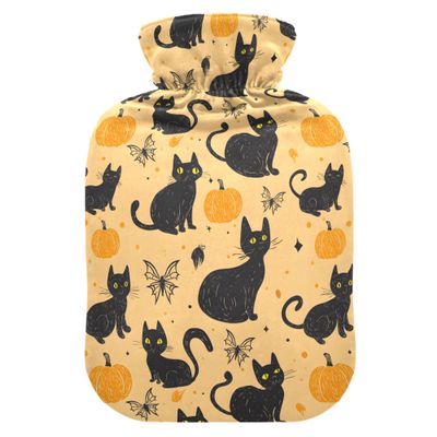 1 L Hot Water Bottle Cat and Pumpkin Hot Water Bottle with Cover Soft Velvet Hot Water Bag for Pain Relief Small Hot Water Bottle for Kids Adult
