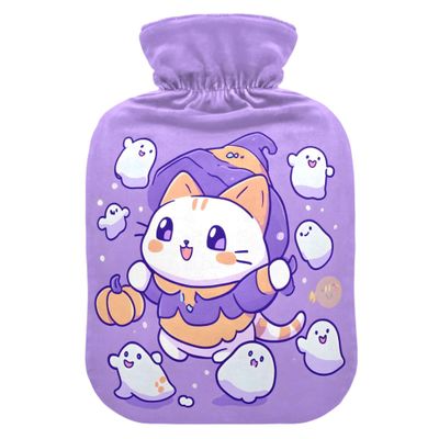 1 L Hot Water Bottle Magic Kittens Ghost Hot Water Bottle with Cover Soft Velvet Hot Water Bag for Pain Relief Small Hot Water Bottle for Kids Adult