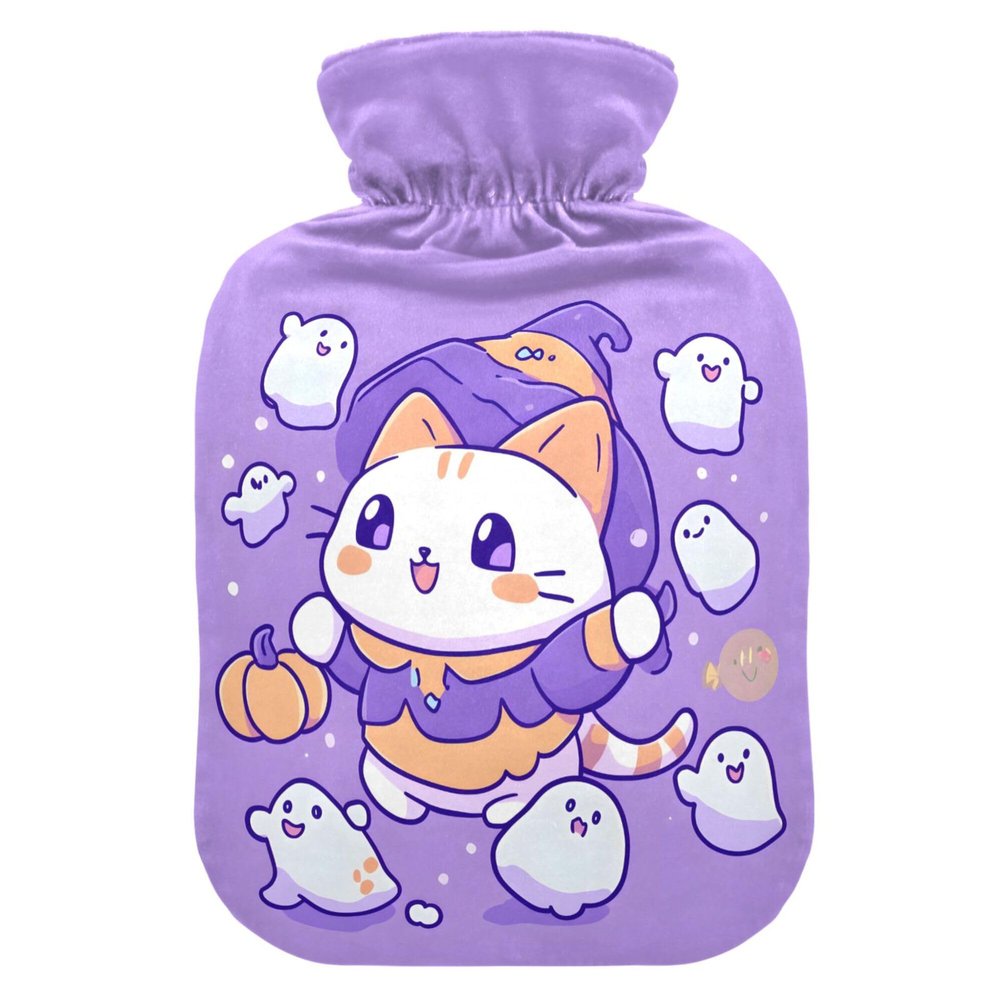1 L Hot Water Bottle Magic Kittens Ghost Hot Water Bottle with Cover Soft Velvet Hot Water Bag for Pain Relief Small Hot Water Bottle for Kids Adult