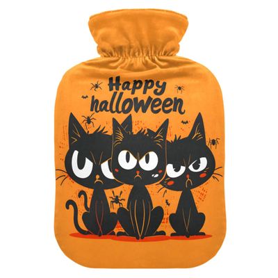 1 L Hot Water Bottle Halloween Cats Hot Water Bottle with Cover Soft Velvet Hot Water Bag for Pain Relief Small Hot Water Bottle for Kids Adult