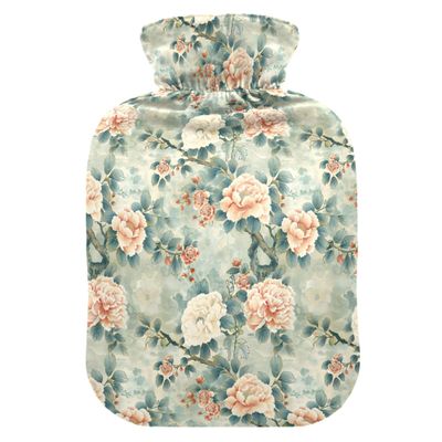 1 L Hot Water Bottle White Peony Flower Leaves Hot Water Bottle with Cover Soft Velvet Hot Water Bag for Pain Relief Small Hot Water Bottle for Kids Adult