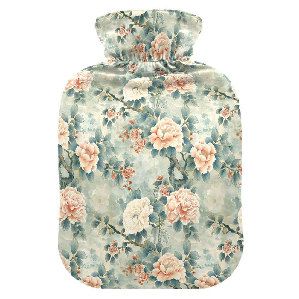 1 L Hot Water Bottle White Peony Flower Leaves Hot Water Bottle with Cover Soft Velvet Hot Water Bag for Pain Relief Small Hot Water Bottle for Kids Adult