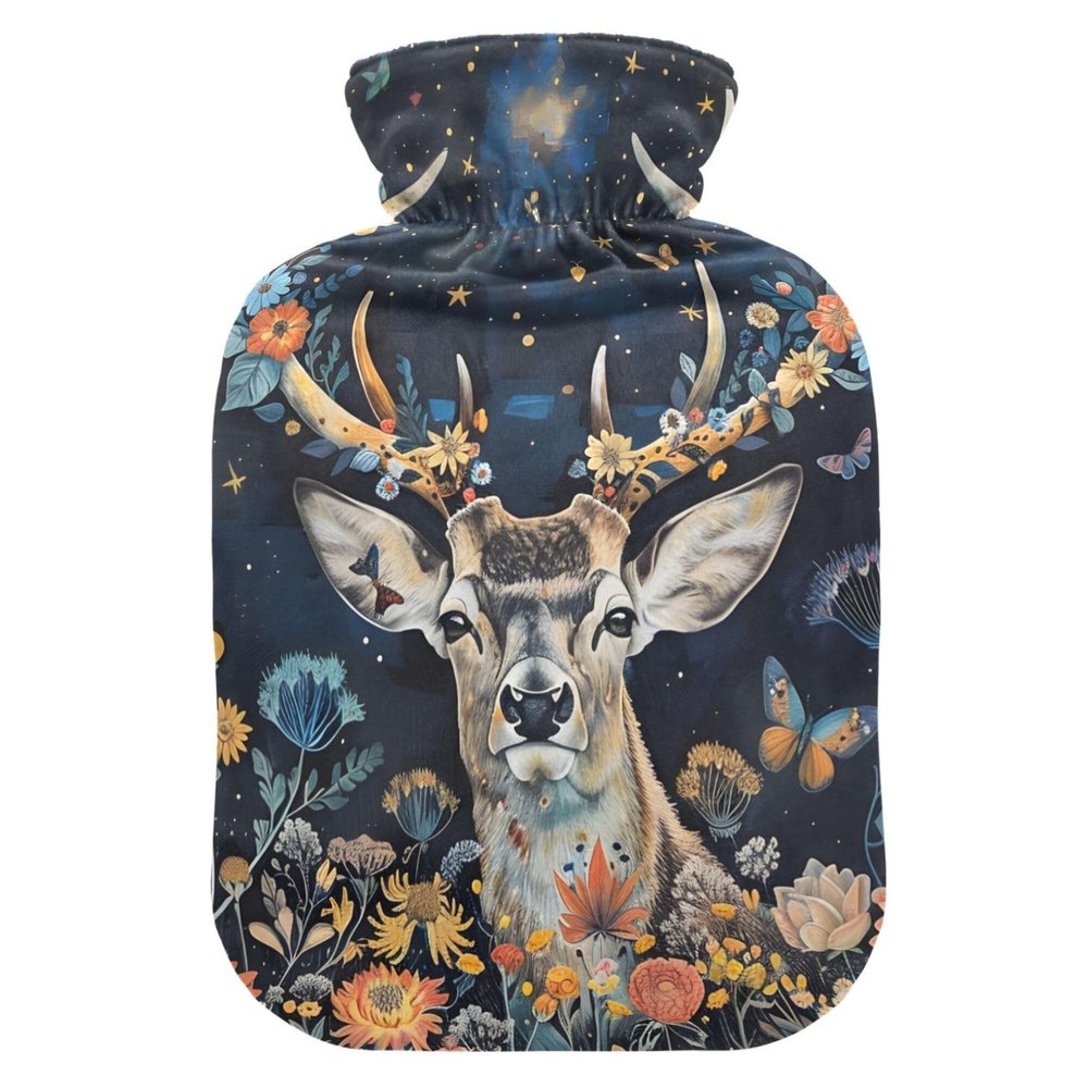1 L Hot Water Bottle Deer Flowers Hot Water Bottle with Cover Soft Velvet Hot Water Bag for Pain Relief Small Hot Water Bottle for Kids Adult