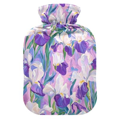 2 L Hot Water Bottle Iris Flower Hot Water Bottle with Cover Soft Velvet Hot Water Bag for Pain Relief Hot Water Bottle for Winter Bed for Hands