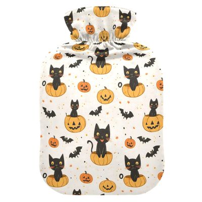 1 L Hot Water Bottle Black Cats Pumpkins Hot Water Bottle with Cover Soft Velvet Hot Water Bag for Pain Relief Small Hot Water Bottle for Kids Adult