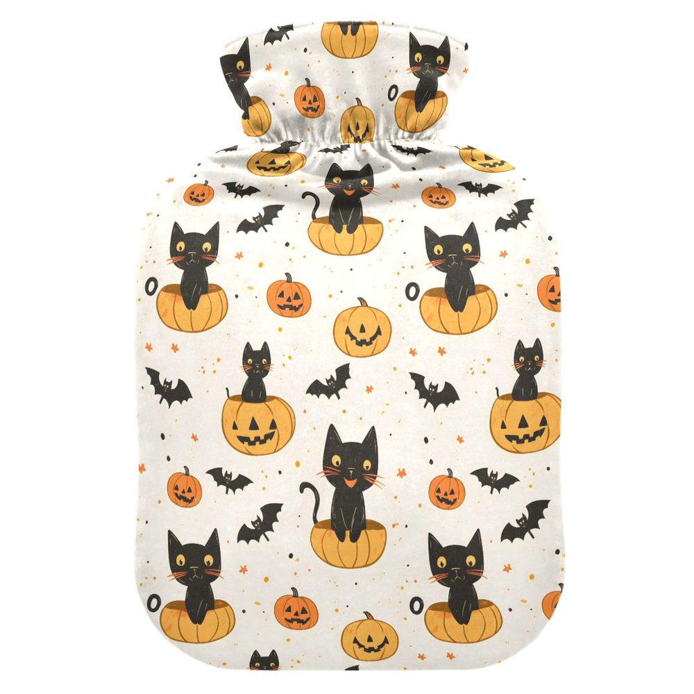 1 L Hot Water Bottle Black Cats Pumpkins Hot Water Bottle with Cover Soft Velvet Hot Water Bag for Pain Relief Small Hot Water Bottle for Kids Adult