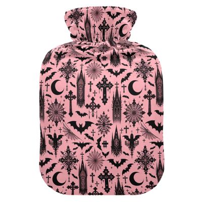 1 L Hot Water Bottle Black Gothic Moon Spider Webs and Bats Hot Water Bottle with Cover Soft Velvet Hot Water Bag for Pain Relief Small Hot Water Bottle for Kids Adult