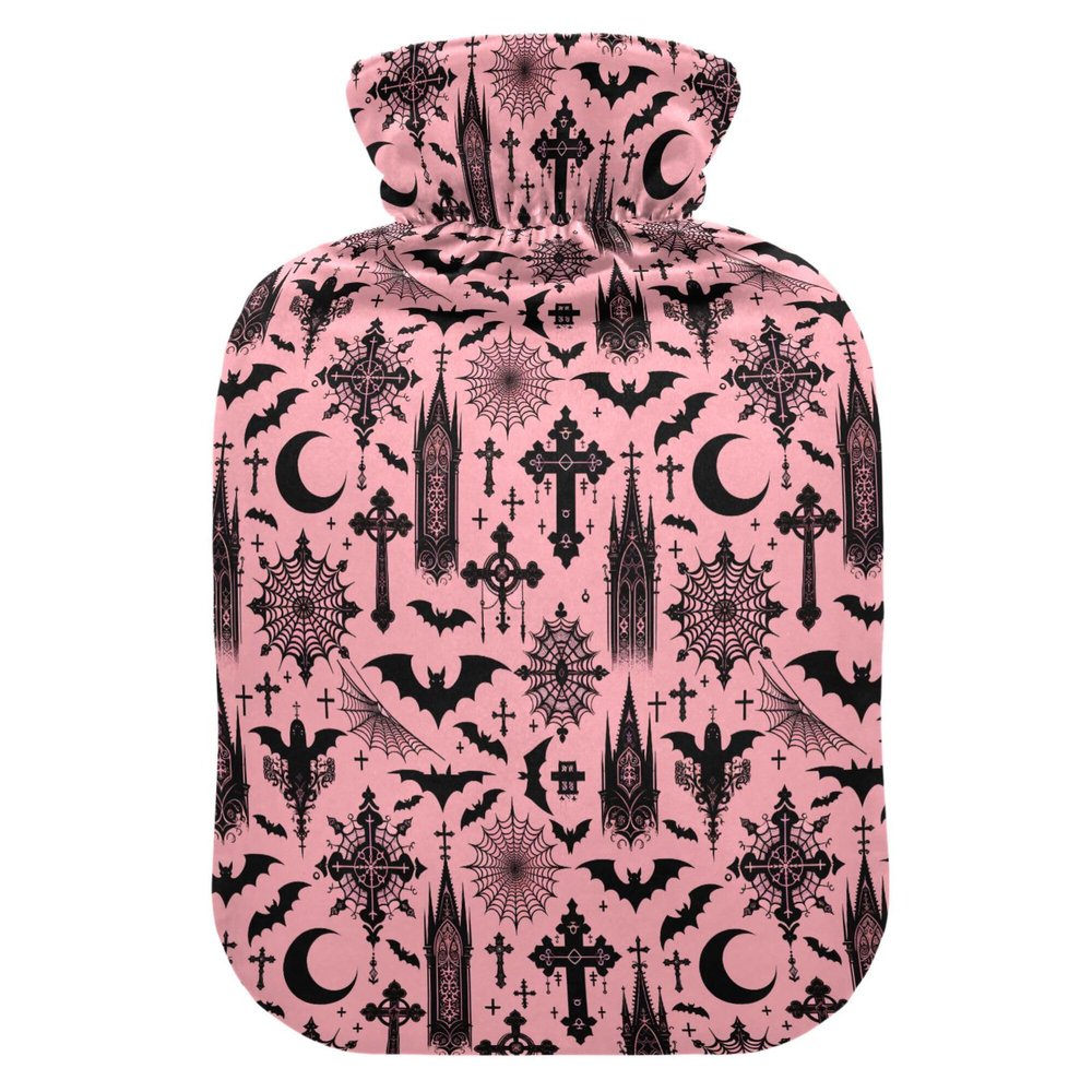 1 L Hot Water Bottle Black Gothic Moon Spider Webs and Bats Hot Water Bottle with Cover Soft Velvet Hot Water Bag for Pain Relief Small Hot Water Bottle for Kids Adult