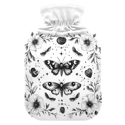 2 L Hot Water Bottle Moth and Flower Hot Water Bottle with Cover Soft Velvet Hot Water Bag for Pain Relief Hot Water Bottle for Winter Bed for Hands