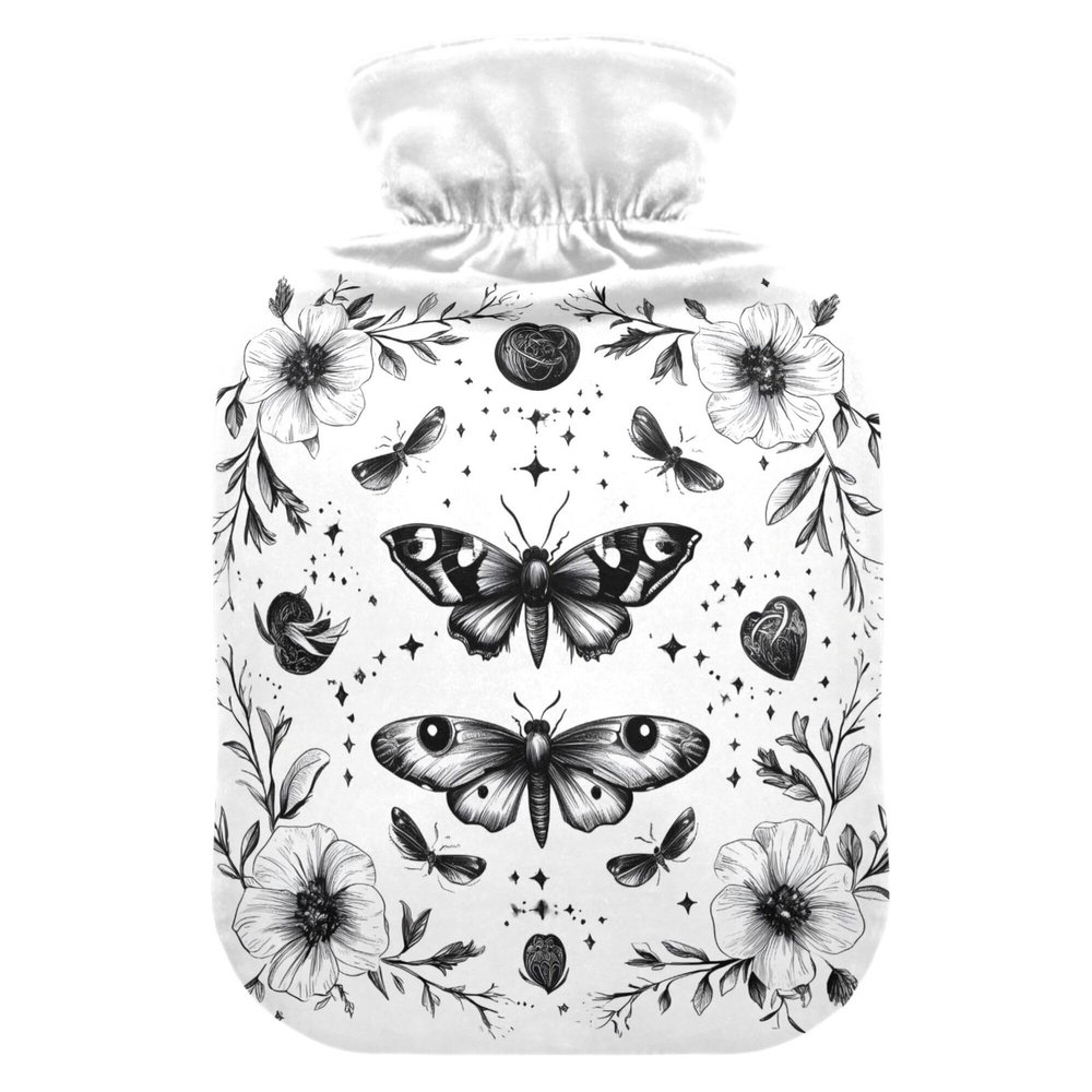 2 L Hot Water Bottle Moth and Flower Hot Water Bottle with Cover Soft Velvet Hot Water Bag for Pain Relief Hot Water Bottle for Winter Bed for Hands