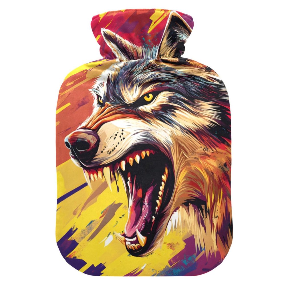 1 L Hot Water Bottle Wolf Corolful Hot Water Bottle with Cover Soft Velvet Hot Water Bag for Pain Relief Small Hot Water Bottle for Kids Adult