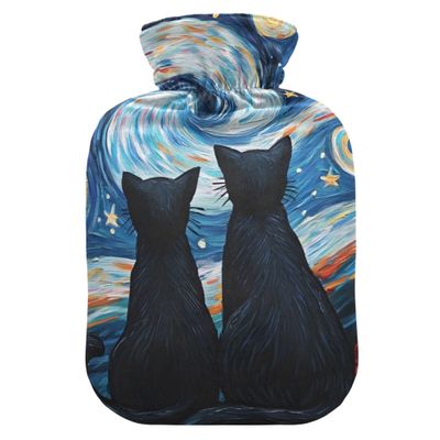 1 L Hot Water Bottle Cats Watching Stars in The Sky Hot Water Bottle with Cover Soft Velvet Hot Water Bag for Pain Relief Small Hot Water Bottle for Kids Adult