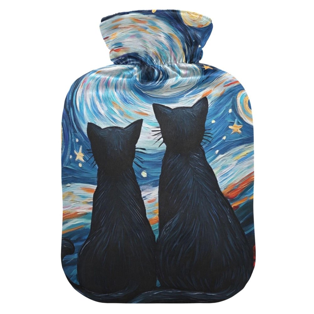 1 L Hot Water Bottle Cats Watching Stars in The Sky Hot Water Bottle with Cover Soft Velvet Hot Water Bag for Pain Relief Small Hot Water Bottle for Kids Adult
