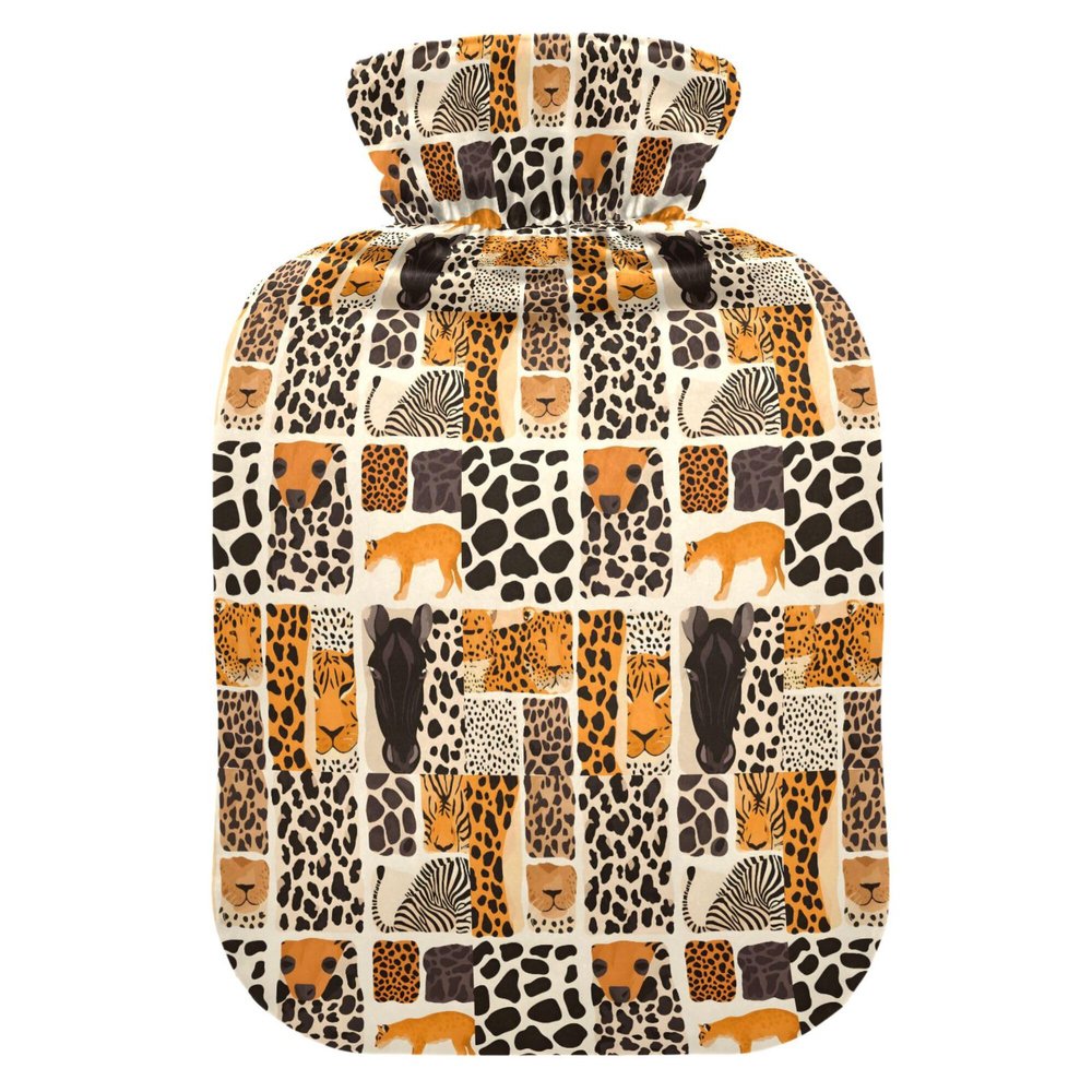 1 L Hot Water Bottle Animal Skins Leopard Zebra Tiger Hot Water Bottle with Cover Soft Velvet Hot Water Bag for Pain Relief Small Hot Water Bottle for Kids Adult