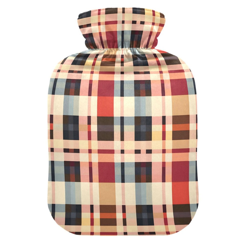 2 L Hot Water Bottle Checked Hot Water Bottle with Cover Soft Velvet Hot Water Bag for Pain Relief Hot Water Bottle for Winter Bed for Hands