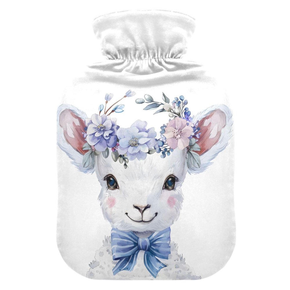 1 L Hot Water Bottle Cute Sheep Hot Water Bottle with Cover Soft Velvet Hot Water Bag for Pain Relief Small Hot Water Bottle for Kids Adult