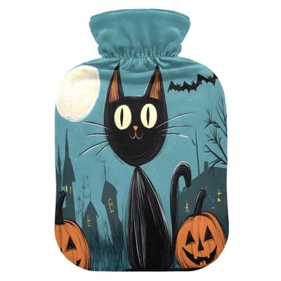 1 L Hot Water Bottle Cartoon Cat Halloween Pumpkin Hot Water Bottle with Cover Soft Velvet Hot Water Bag for Pain Relief Small Hot Water Bottle for Kids Adult