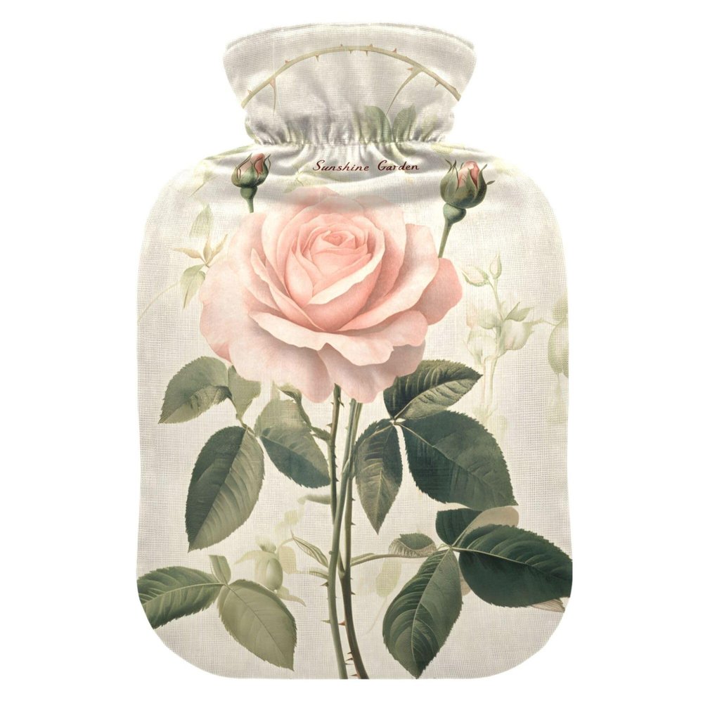 1 L Hot Water Bottle Rose Surrounded by Green Leaves Hot Water Bottle with Cover Soft Velvet Hot Water Bag for Pain Relief Small Hot Water Bottle for Kids Adult