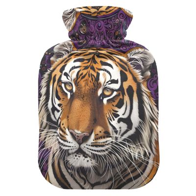 1 L Hot Water Bottle Tiger with Purple Paisley Hot Water Bottle with Cover Soft Velvet Hot Water Bag for Pain Relief Small Hot Water Bottle for Kids Adult