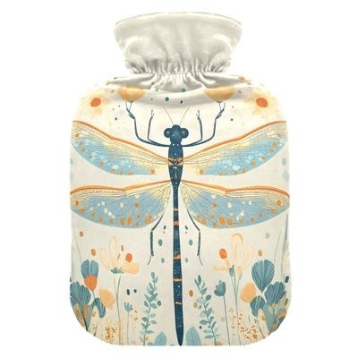1 L Hot Water Bottle Dragonfly Flowers Hot Water Bottle with Cover Soft Velvet Hot Water Bag for Pain Relief Small Hot Water Bottle for Kids Adult