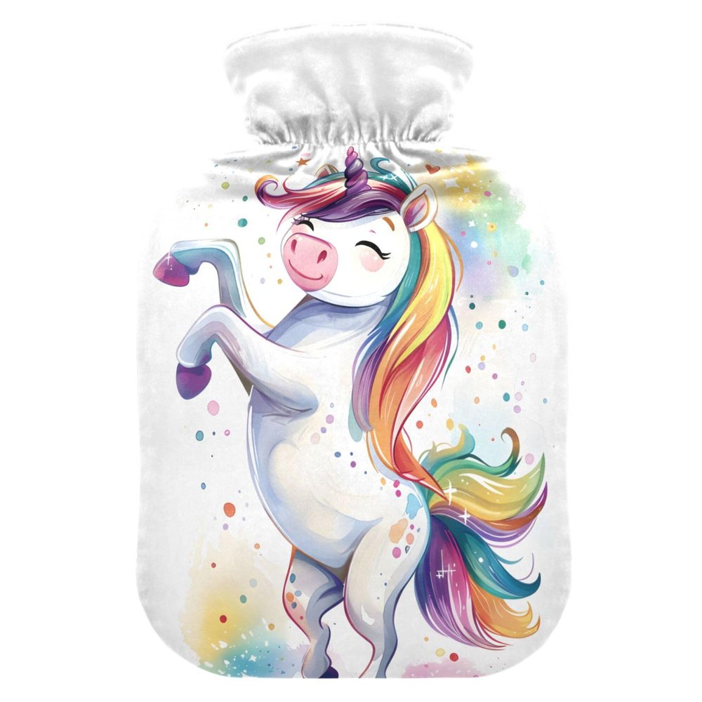 1 L Hot Water Bottle Cartoon Unicorn Rainbow Hot Water Bottle with Cover Soft Velvet Hot Water Bag for Pain Relief Small Hot Water Bottle for Kids Adult