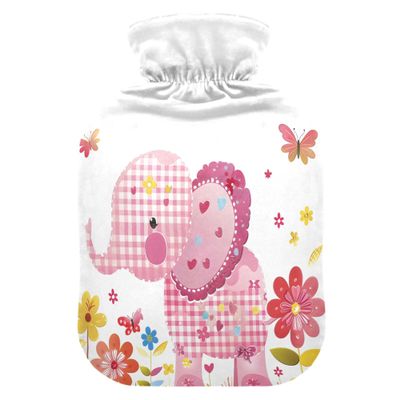 1 L Hot Water Bottle Pink Elephant with Colorful Flowers Hot Water Bottle with Cover Soft Velvet Hot Water Bag for Pain Relief Small Hot Water Bottle for Kids Adult