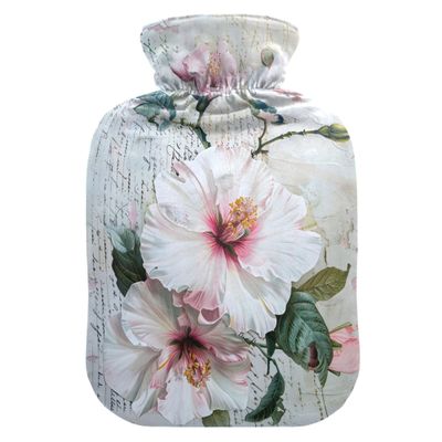 1 L Hot Water Bottle Flowers with Vintage Papers Hot Water Bottle with Cover Soft Velvet Hot Water Bag for Pain Relief Small Hot Water Bottle for Kids Adult