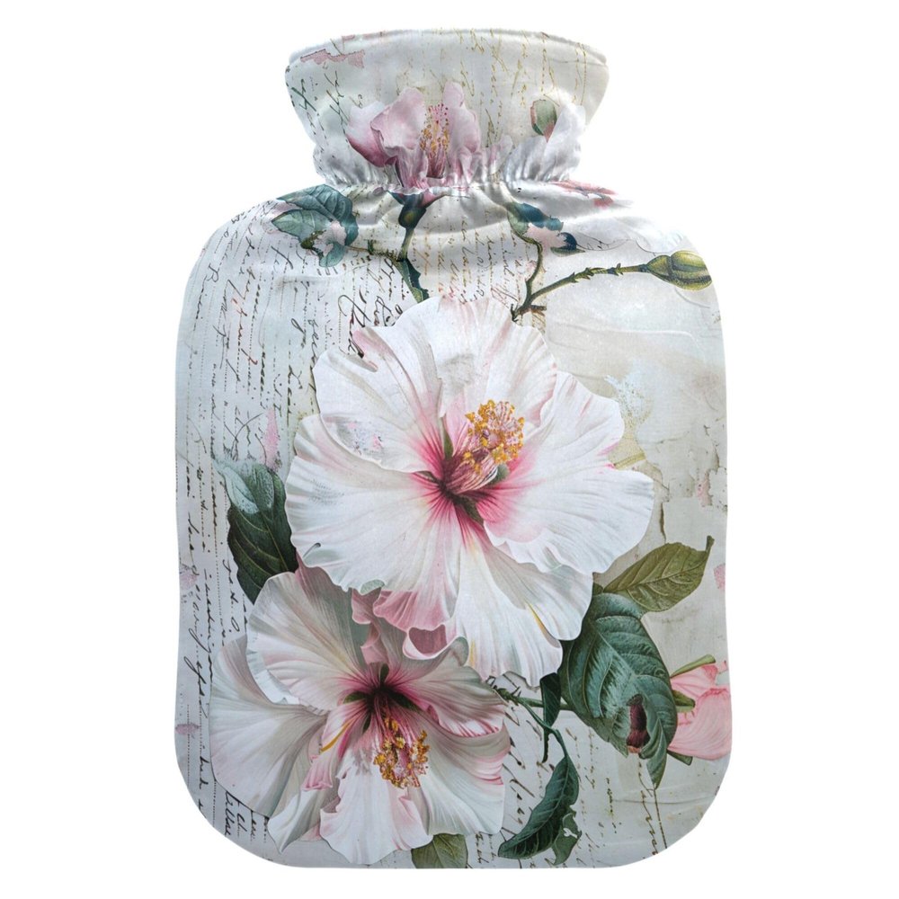 1 L Hot Water Bottle Flowers with Vintage Papers Hot Water Bottle with Cover Soft Velvet Hot Water Bag for Pain Relief Small Hot Water Bottle for Kids Adult