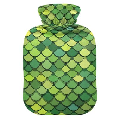 2 L Hot Water Bottle Green Scales Hot Water Bottle with Cover Soft Velvet Hot Water Bag for Pain Relief Hot Water Bottle for Winter Bed for Hands