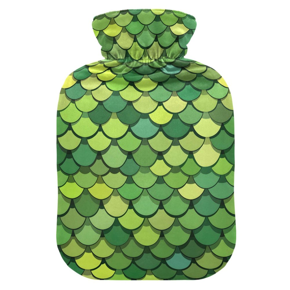 2 L Hot Water Bottle Green Scales Hot Water Bottle with Cover Soft Velvet Hot Water Bag for Pain Relief Hot Water Bottle for Winter Bed for Hands
