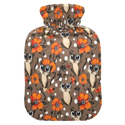 1 L Hot Water Bottle Cat with Big Eyes Hot Water Bottle with Cover Soft Velvet Hot Water Bag for Pain Relief Small Hot Water Bottle for Kids Adult