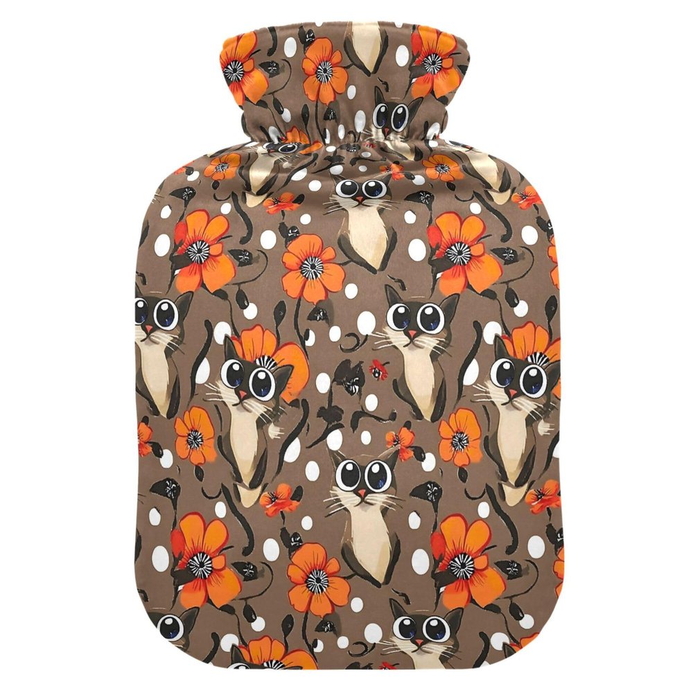 1 L Hot Water Bottle Cat with Big Eyes Hot Water Bottle with Cover Soft Velvet Hot Water Bag for Pain Relief Small Hot Water Bottle for Kids Adult
