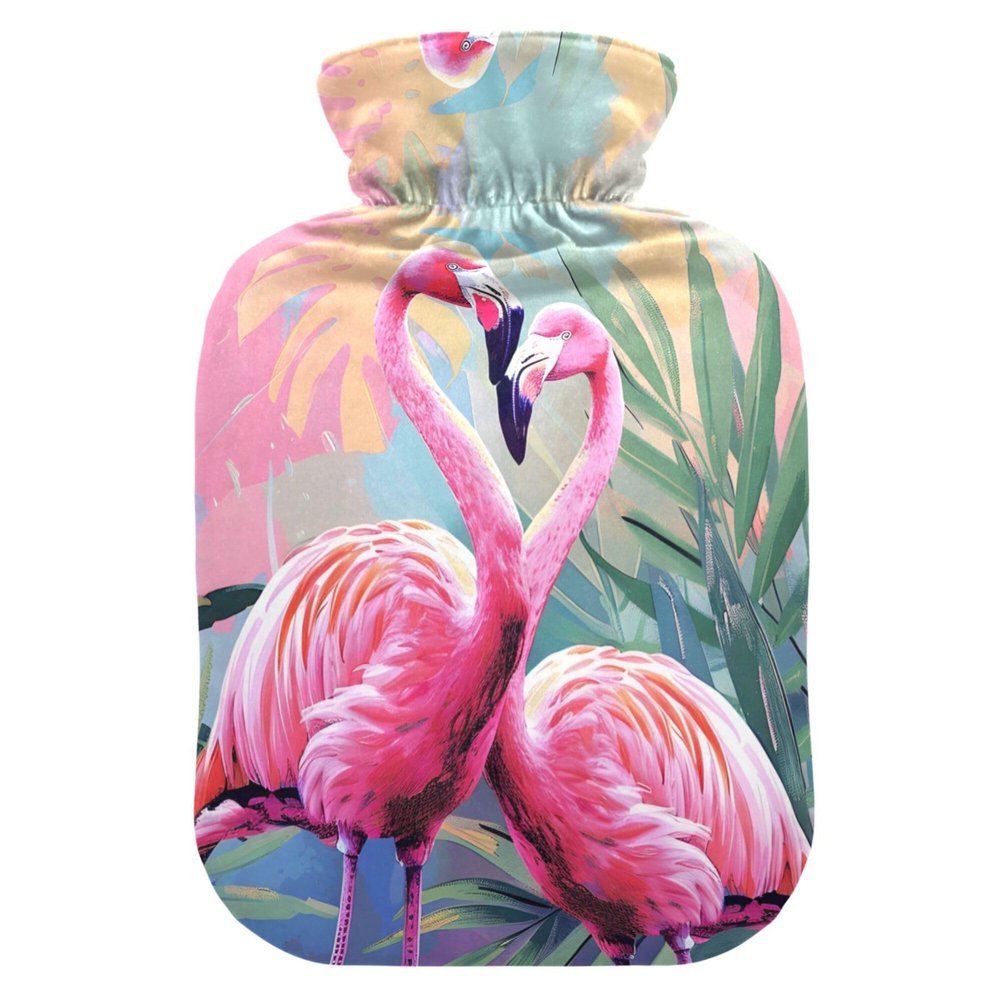 1 L Hot Water Bottle Flamingos Palm Tree Leaves Hot Water Bottle with Cover Soft Velvet Hot Water Bag for Pain Relief Small Hot Water Bottle for Kids Adult