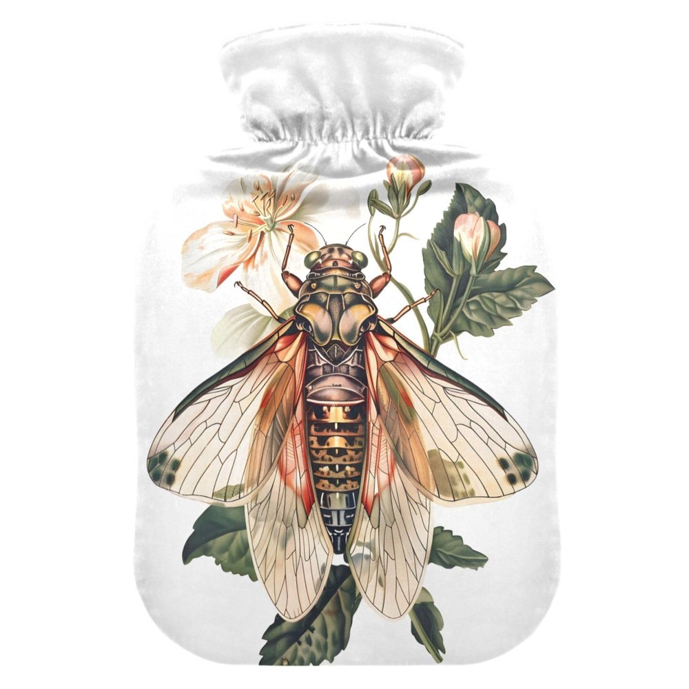 2 L Hot Water Bottle Cicadas and Flowers Hot Water Bottle with Cover Soft Velvet Hot Water Bag for Pain Relief Hot Water Bottle for Winter Bed for Hands