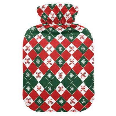 2 L Hot Water Bottle Christmas Red Lattice Hot Water Bottle with Cover Soft Velvet Hot Water Bag for Pain Relief Hot Water Bottle for Winter Bed for Hands