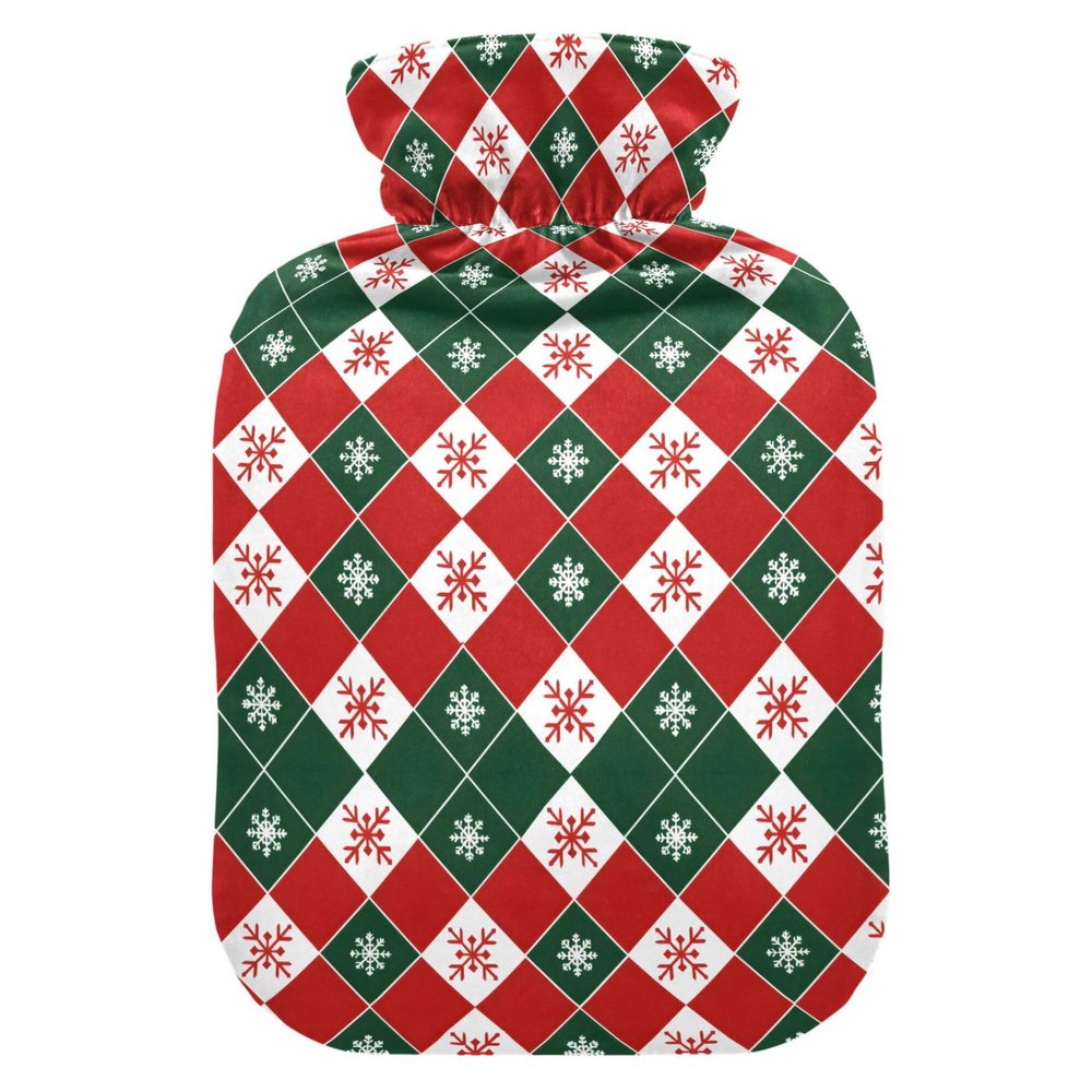 2 L Hot Water Bottle Christmas Red Lattice Hot Water Bottle with Cover Soft Velvet Hot Water Bag for Pain Relief Hot Water Bottle for Winter Bed for Hands