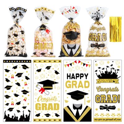 100Pcs Graduation Treat Bags Congrats Graduates Treat Bags Black Gold Cellophane Bags with Twist Ties Plastic Grad Goodie Bags 4 Styles Gift Bags Candy Bags for Graduation Party Favors Decorations