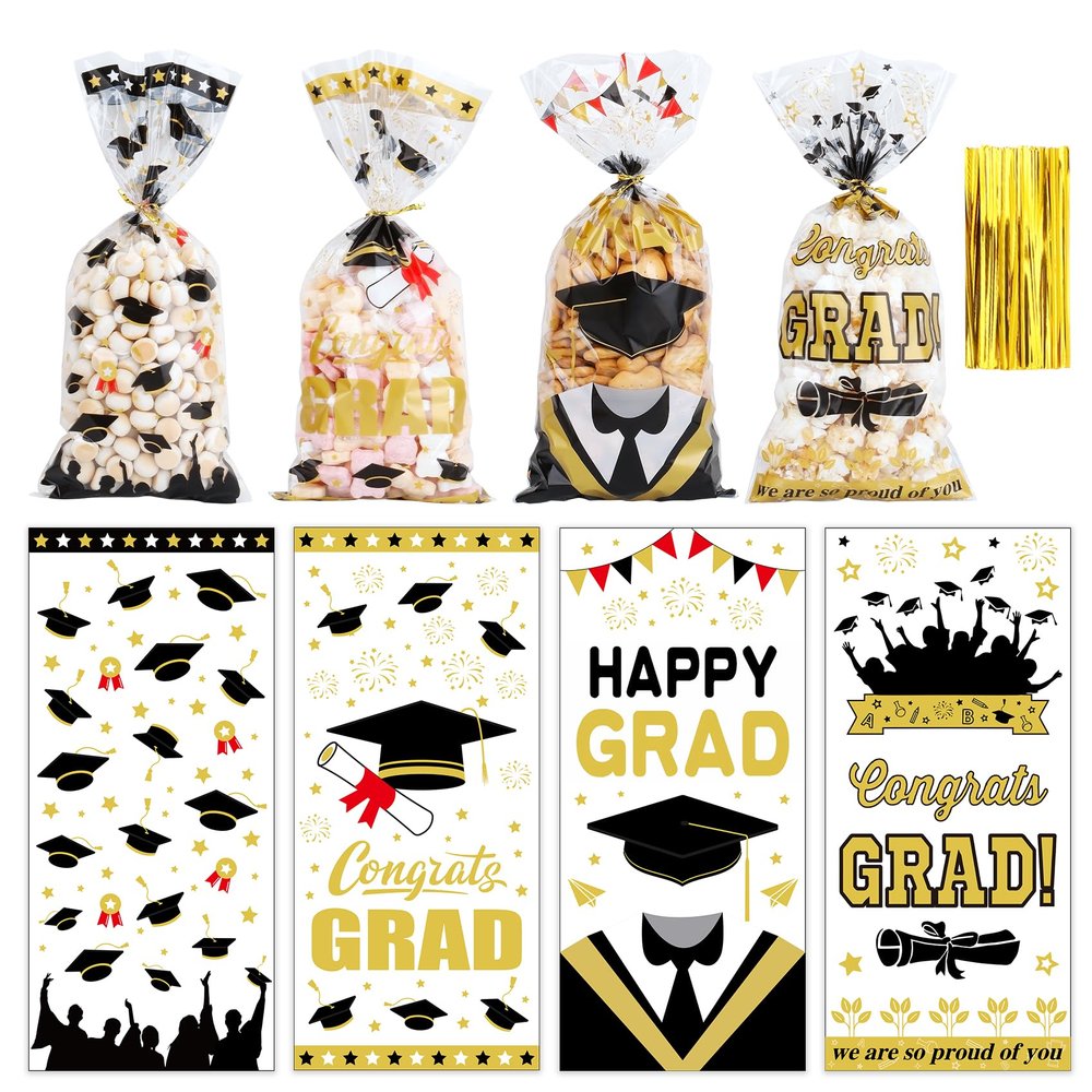 100Pcs Graduation Treat Bags Congrats Graduates Treat Bags Black Gold Cellophane Bags with Twist Ties Plastic Grad Goodie Bags 4 Styles Gift Bags Candy Bags for Graduation Party Favors Decorations