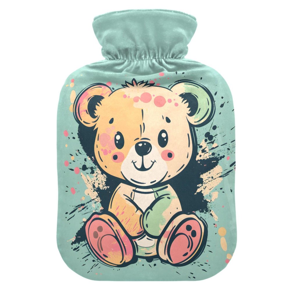 1 L Hot Water Bottle Colorful Bear Hot Water Bottle with Cover Soft Velvet Hot Water Bag for Pain Relief Small Hot Water Bottle for Kids Adult