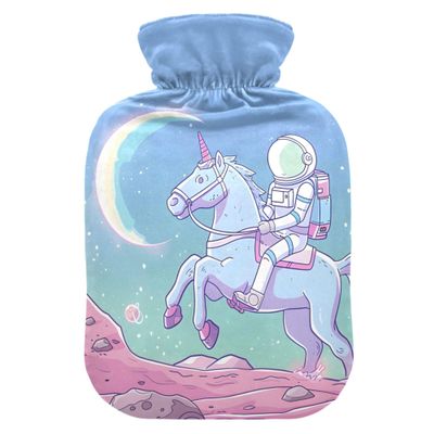 1 L Hot Water Bottle Astronauts Ride Unicorns Space Hot Water Bottle with Cover Soft Velvet Hot Water Bag for Pain Relief Small Hot Water Bottle for Kids Adult