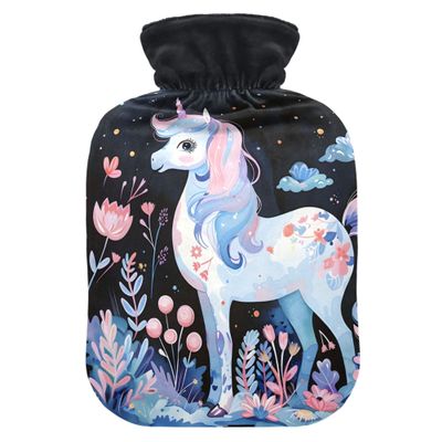 1 L Hot Water Bottle Horse Flower Plant Hot Water Bottle with Cover Soft Velvet Hot Water Bag for Pain Relief Small Hot Water Bottle for Kids Adult