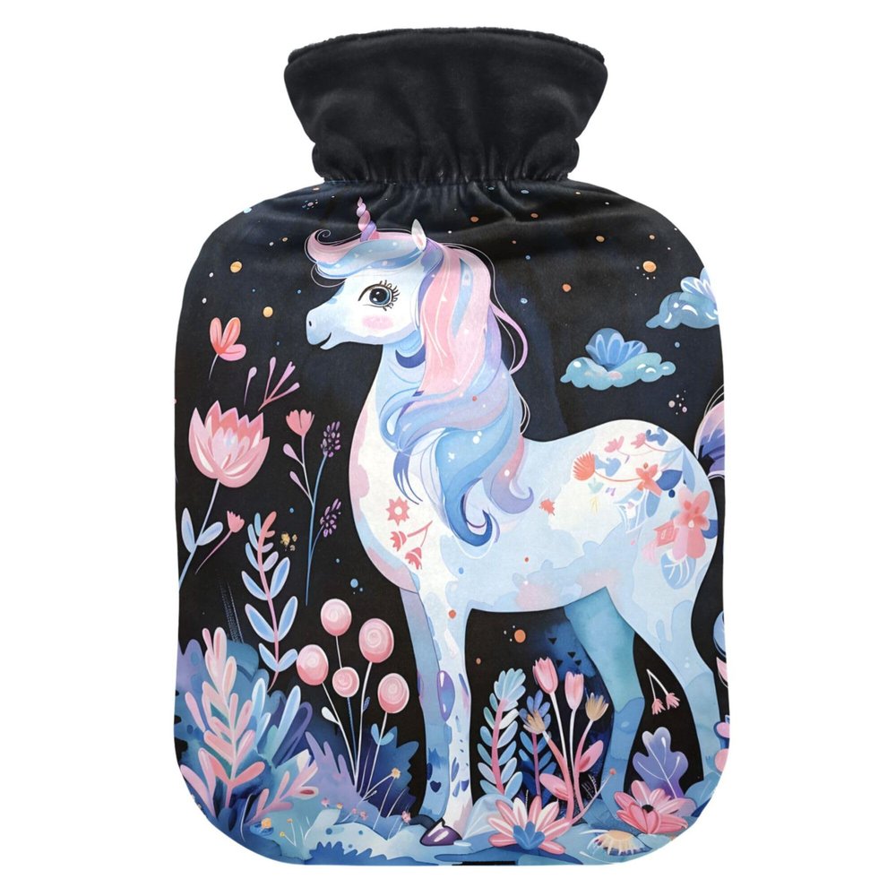 1 L Hot Water Bottle Horse Flower Plant Hot Water Bottle with Cover Soft Velvet Hot Water Bag for Pain Relief Small Hot Water Bottle for Kids Adult