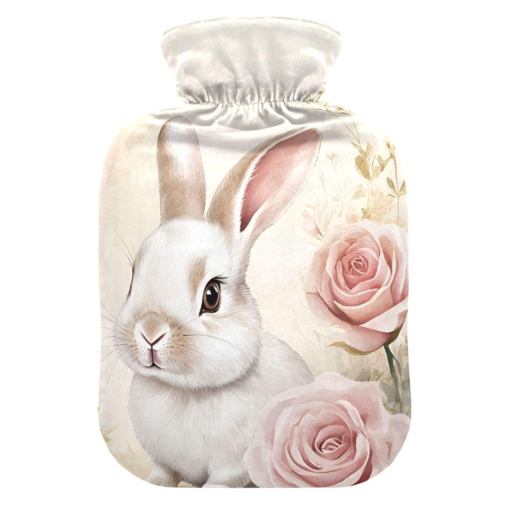 2 L Hot Water Bottle Rabbit and Roses Hot Water Bottle with Cover Soft Velvet Hot Water Bag for Pain Relief Hot Water Bottle for Winter Bed for Hands
