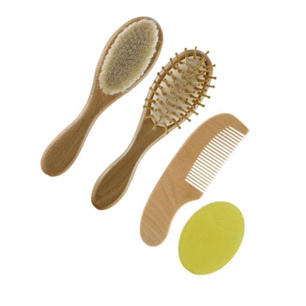WOONEKY 4pcs Complete Hair Brush Comb for Boys and Girls Wooden Hair Brush Bathing Tools Soft Comb Care Kit