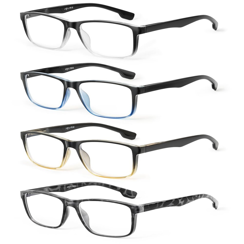 JOLISU 4 Pack Reading Glasses Men Blue Light Blocking with Spring Hinge, Anti Eyestrain/UV Large Wide Square Computer Readers (2.75)