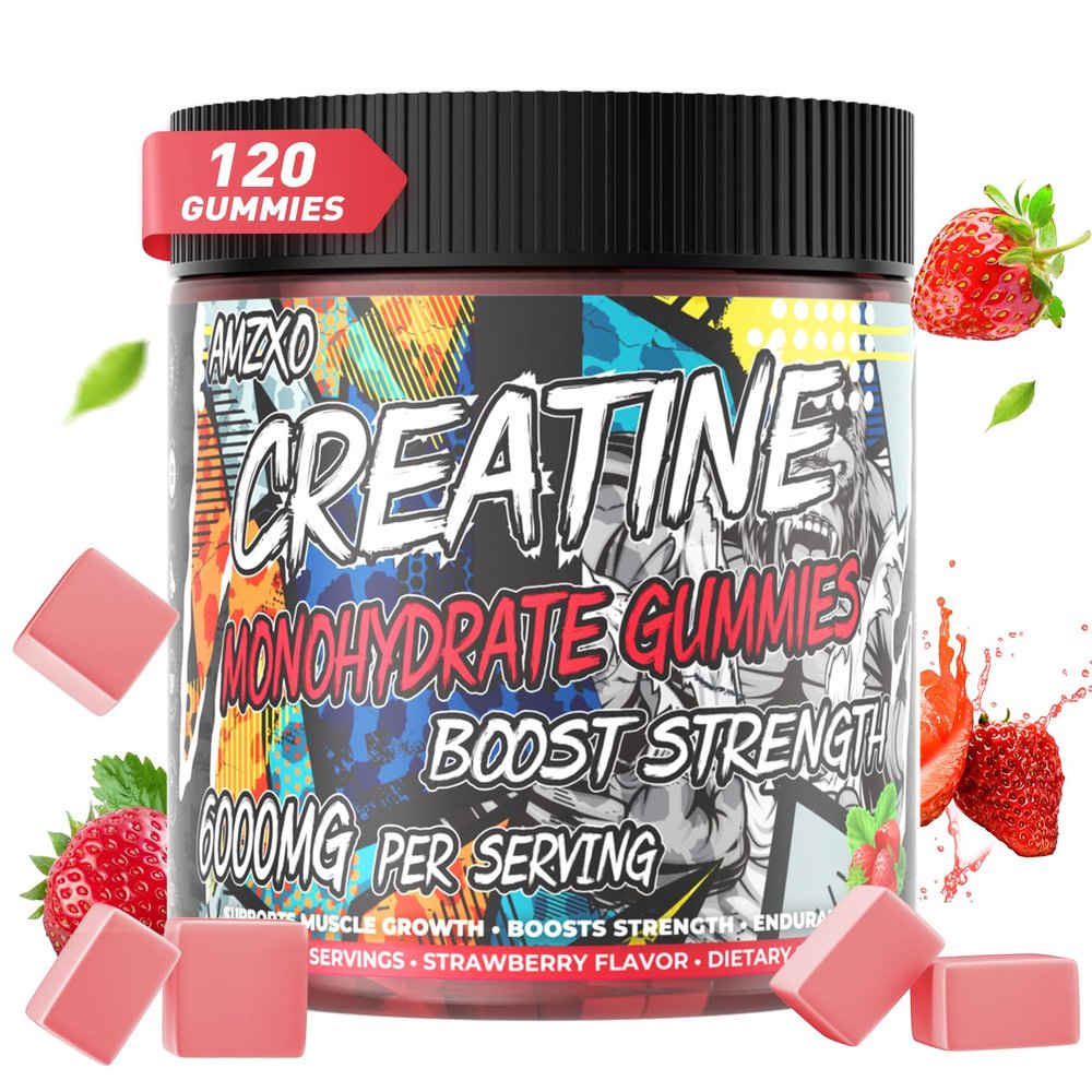 AMZXO Creatine Monohydrate Gummies 6g for Men Women,Complex Creatine Monohydrate Chewable for Muscle Strength,Muscle Building,Energy Boost,Pre-Workout Energy Supplement,Vegan Strawberry - 120 Count